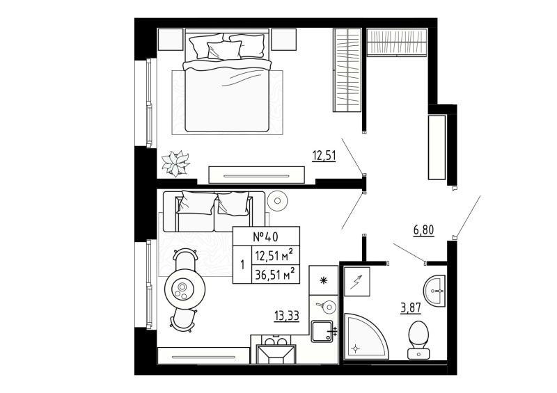 1-комнатная квартира, 36.51 м² в ЖК "Аннино Сити" - планировка, фото №1