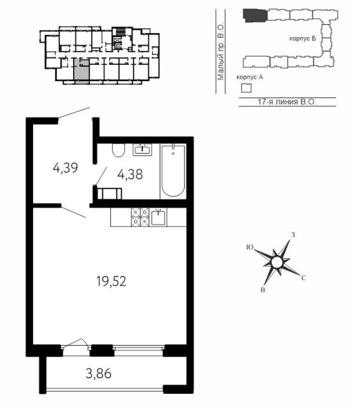 Квартира-студия, 29.45 м² в ЖК "17-я линия" - планировка, фото №1