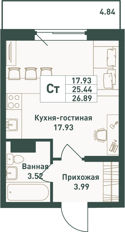 Квартира-студия, 26.89 м² в ЖК "Тандем" - планировка, фото №1