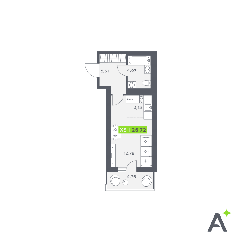 Квартира-студия, 26.72 м² - планировка, фото №1