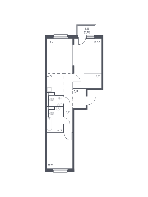 3-комнатная (Евро) квартира, 62.96 м² - планировка, фото №1