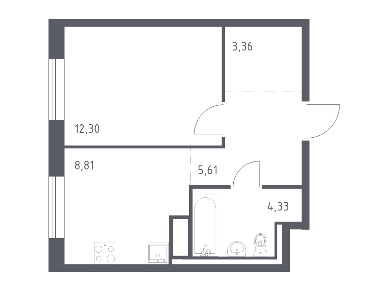 1-комнатная квартира, 34.41 м² в ЖК "Квартал Лаголово" - планировка, фото №1