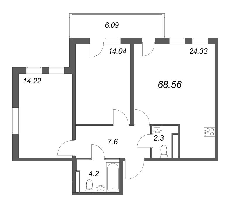 3-комнатная (Евро) квартира, 68.56 м² в ЖК "Новая история" - планировка, фото №1