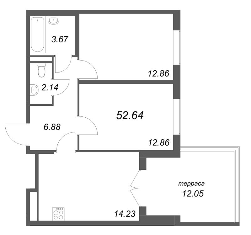 2-комнатная квартира, 52.64 м² в ЖК "Дубровский" - планировка, фото №1