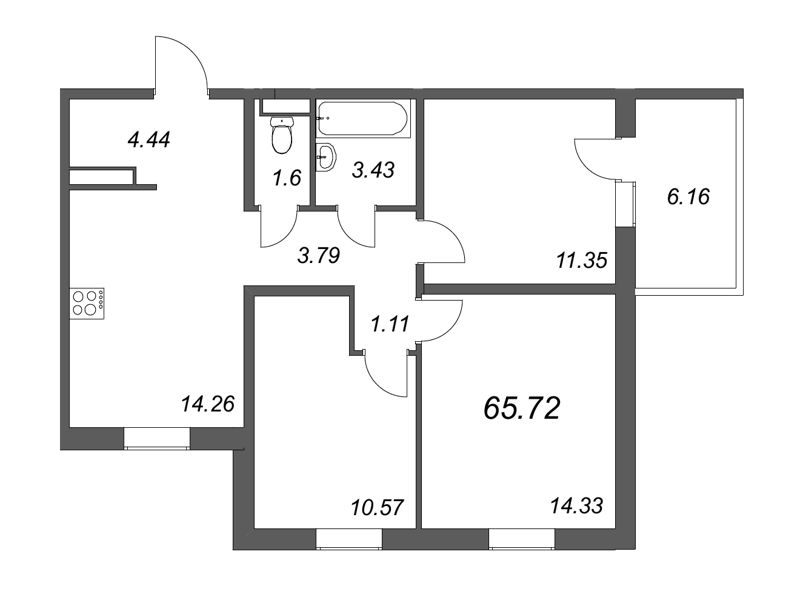 3-комнатная квартира, 63.88 м² - планировка, фото №1