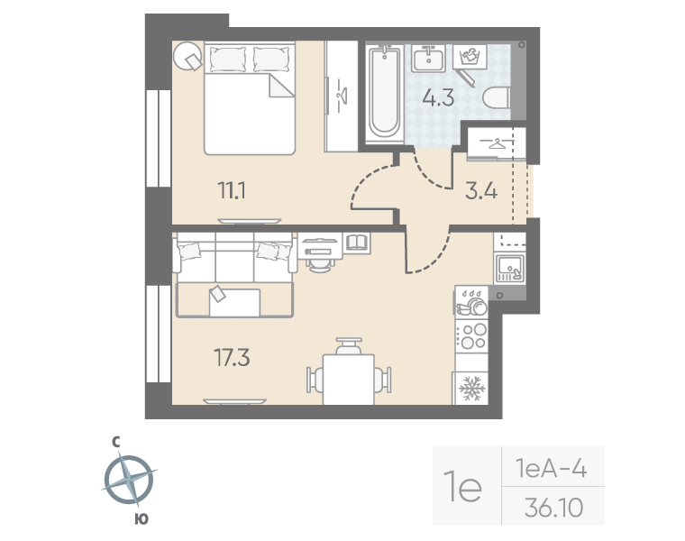 2-комнатная (Евро) квартира, 36.1 м² в ЖК "Большая Охта" - планировка, фото №1