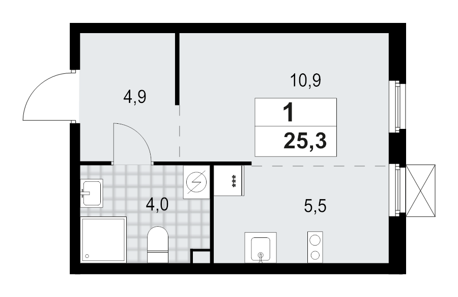 Квартира-студия, 25.3 м² - планировка, фото №1