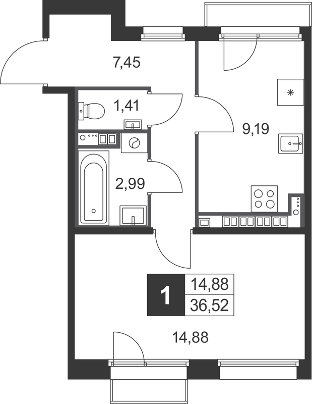 1-комнатная квартира, 36.52 м² в ЖК "Слобода" - планировка, фото №1
