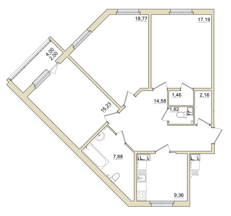 3-комнатная квартира, 90.5 м² в ЖК "Granholm Village" - планировка, фото №1