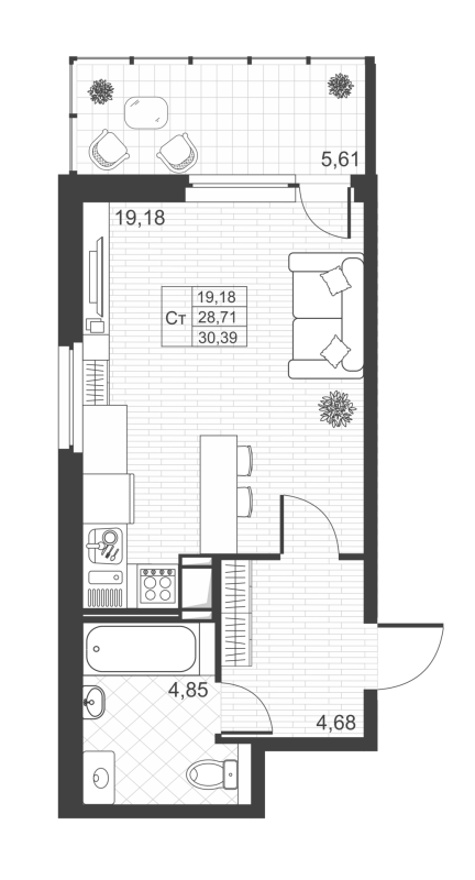 Квартира-студия, 30.39 м² - планировка, фото №1