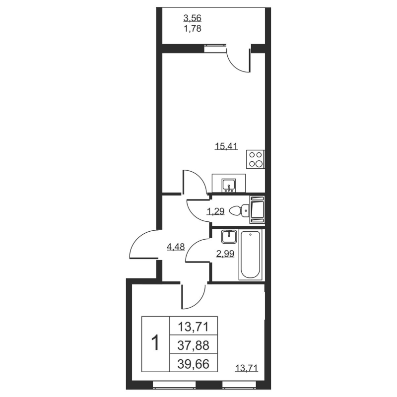 2-комнатная (Евро) квартира, 39.66 м² - планировка, фото №1