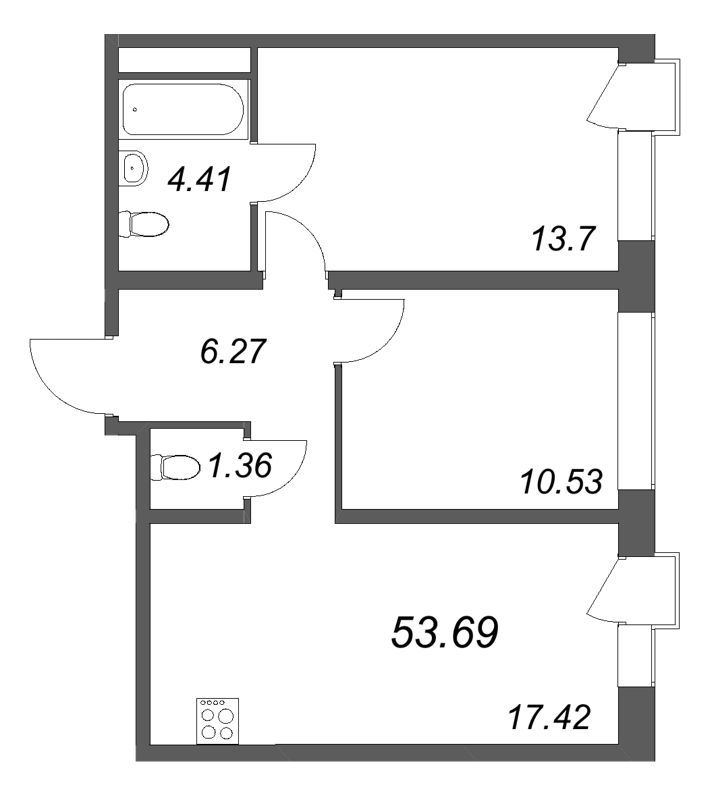 3-комнатная (Евро) квартира, 53.69 м² в ЖК "Avant" - планировка, фото №1