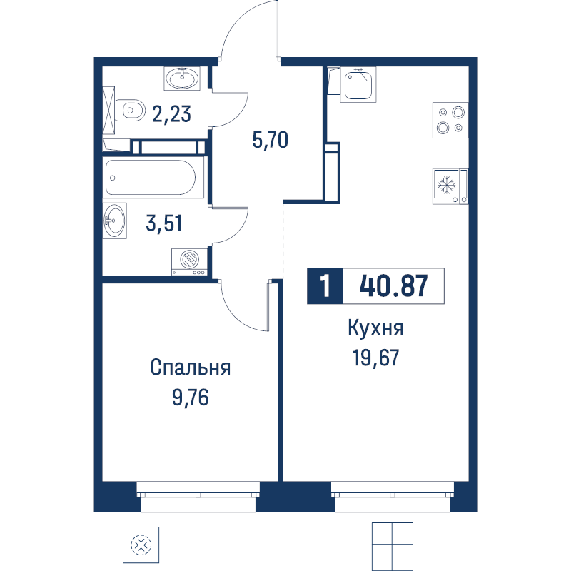 2-комнатная (Евро) квартира, 40.87 м² в ЖК "Символист" - планировка, фото №1