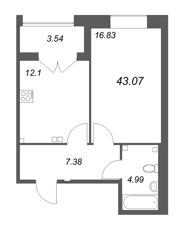 1-комнатная квартира, 43.07 м² в ЖК "Ranta Residence" - планировка, фото №1