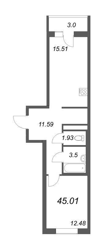 2-комнатная (Евро) квартира, 44.1 м² - планировка, фото №1