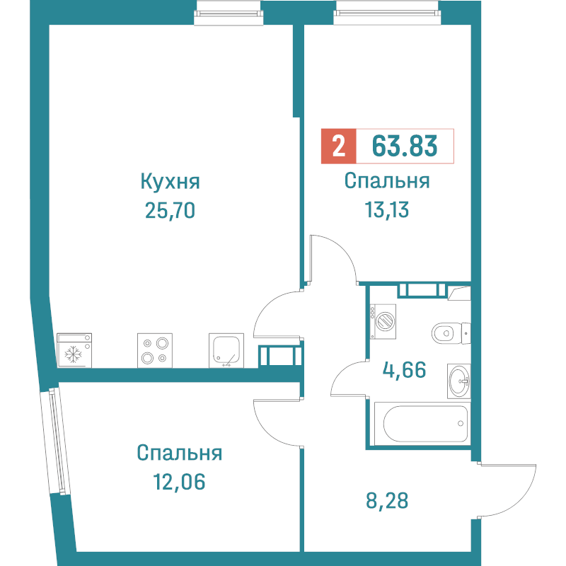 3-комнатная (Евро) квартира, 63.83 м² в ЖК "Графика" - планировка, фото №1