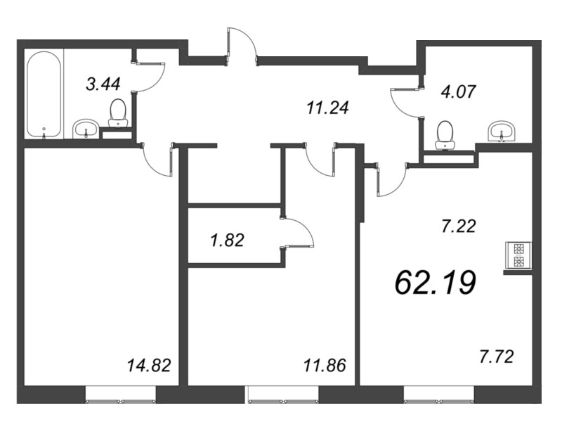 2-комнатная квартира, 62.19 м² в ЖК "Курортный Квартал" - планировка, фото №1