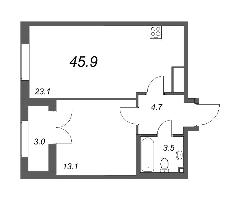 2-комнатная (Евро) квартира, 45.9 м² - планировка, фото №1