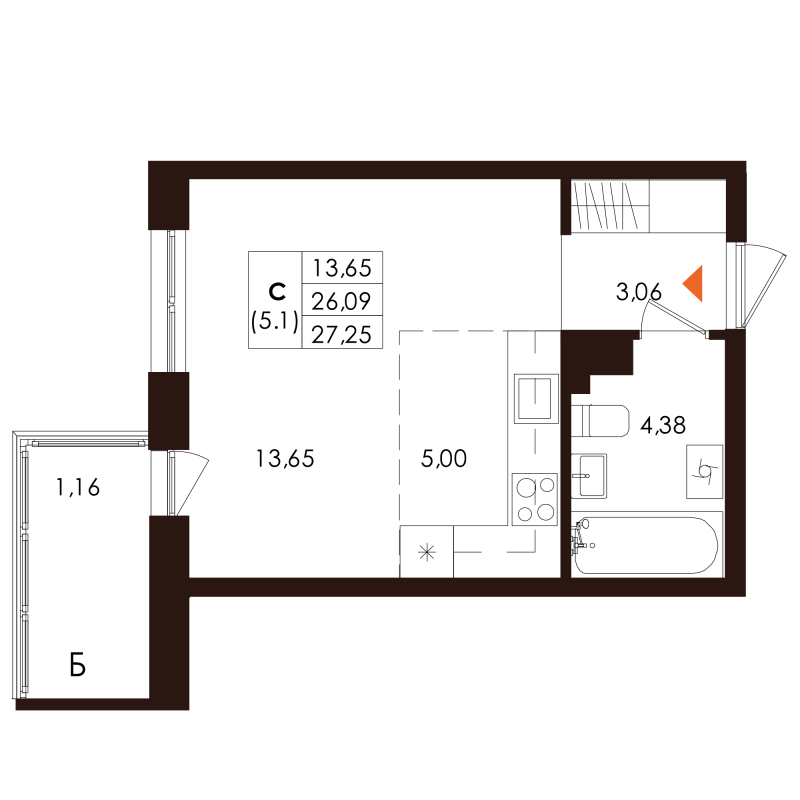 Квартира-студия, 27.25 м² - планировка, фото №1