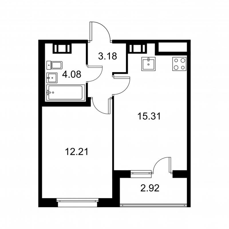2-комнатная (Евро) квартира, 36.24 м² - планировка, фото №1
