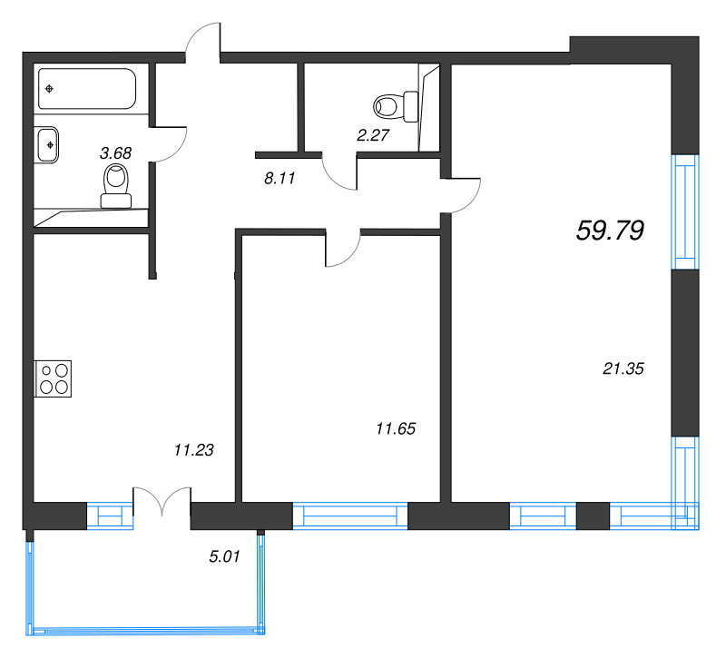 2-комнатная квартира, 59.79 м² в ЖК "Арт Парк" - планировка, фото №1