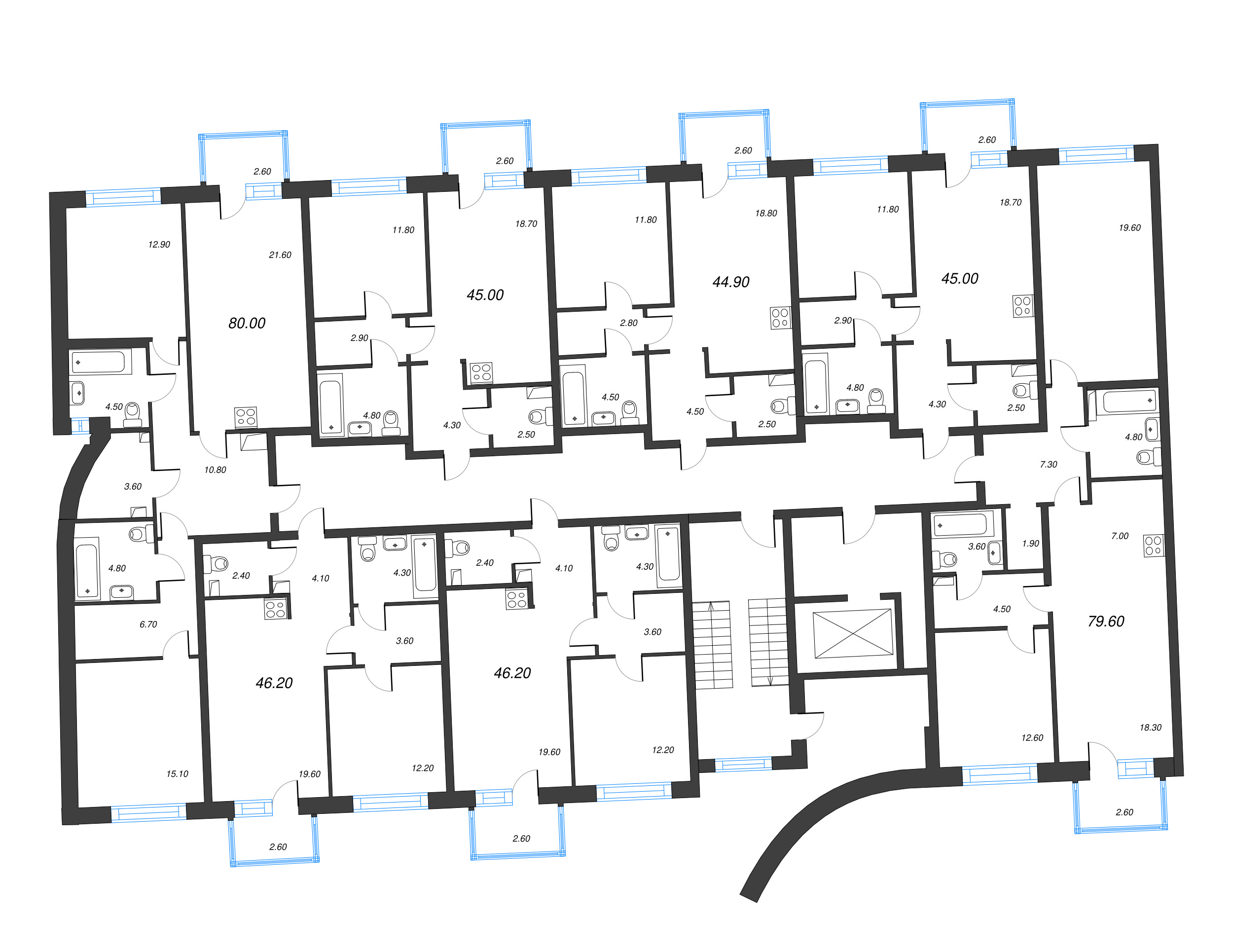 2-комнатная (Евро) квартира, 46.2 м² в ЖК "Цвет Зеленогорска" - планировка этажа