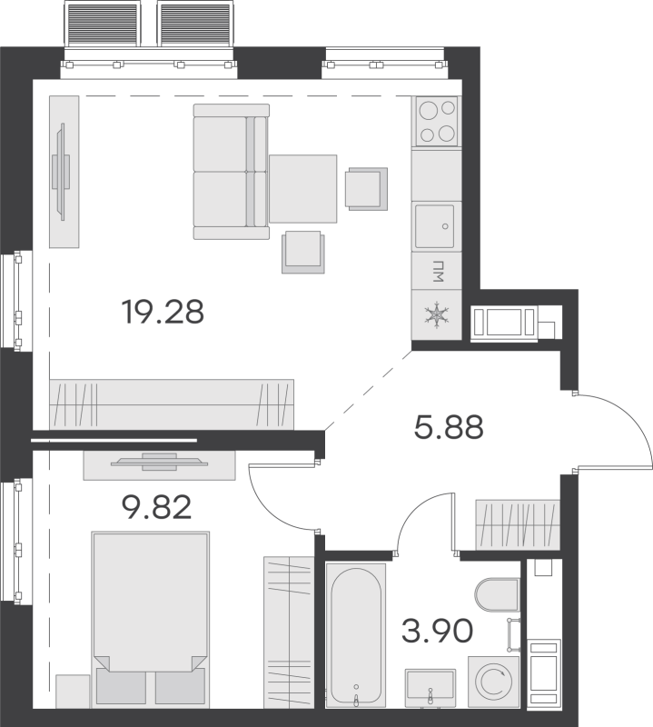 2-комнатная (Евро) квартира, 38.88 м² - планировка, фото №1