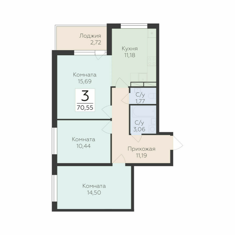 3-комнатная квартира, 70.55 м² в ЖК "Финский квартал" - планировка, фото №1