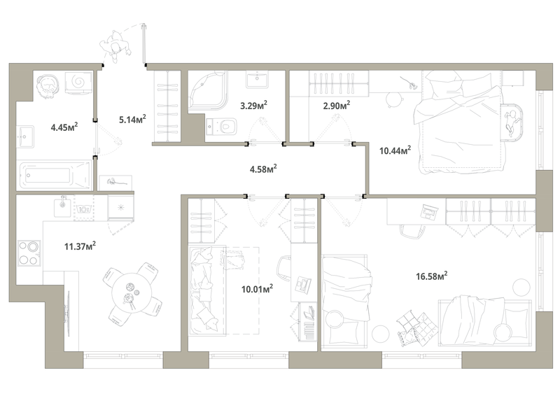 4-комнатная (Евро) квартира, 68.76 м² в ЖК "Тишин" - планировка, фото №1