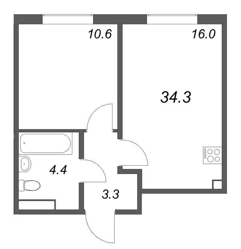 2-комнатная (Евро) квартира, 34.3 м² в ЖК "Пулково Lake" - планировка, фото №1