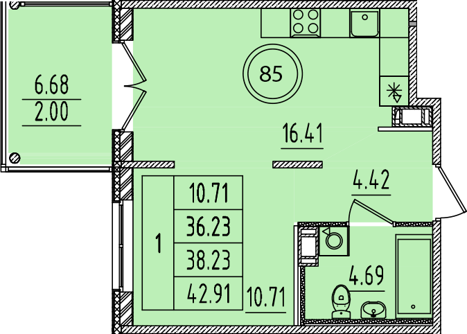 2-комнатная (Евро) квартира, 36.23 м² - планировка, фото №1