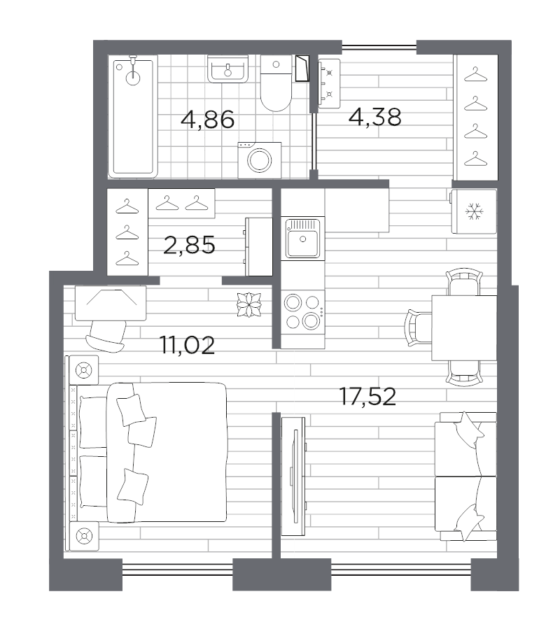 2-комнатная (Евро) квартира, 38.63 м² в ЖК "Сезоны" - планировка, фото №1