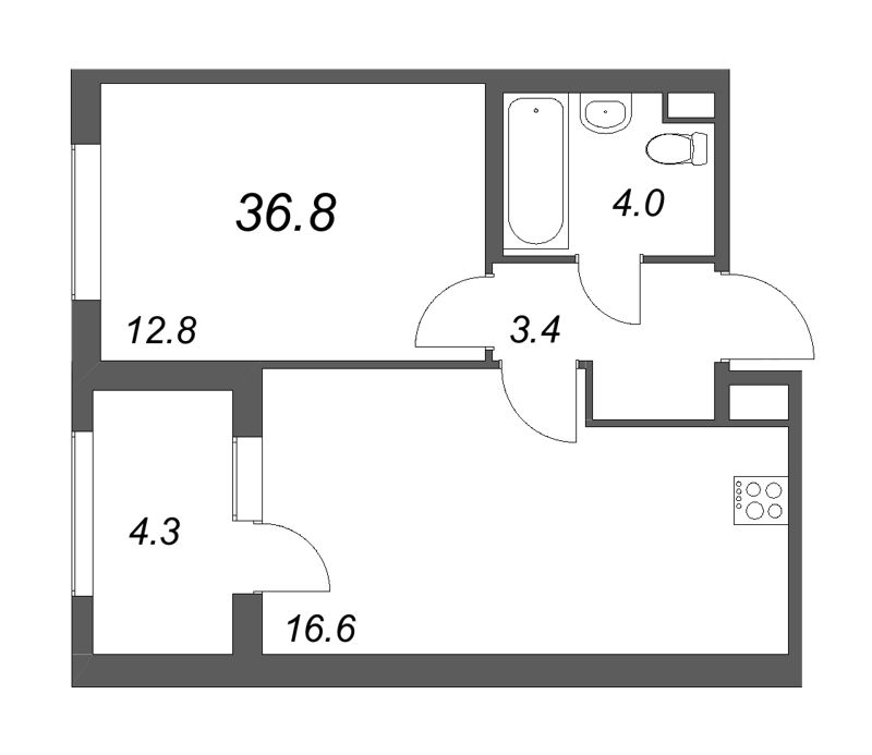 2-комнатная (Евро) квартира, 36.8 м² в ЖК "ЮгТаун" - планировка, фото №1