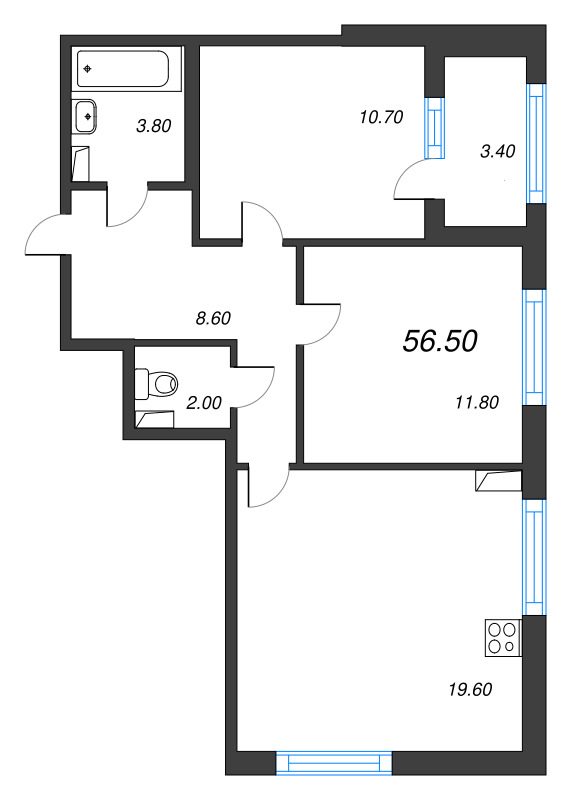 3-комнатная (Евро) квартира, 56.5 м² - планировка, фото №1
