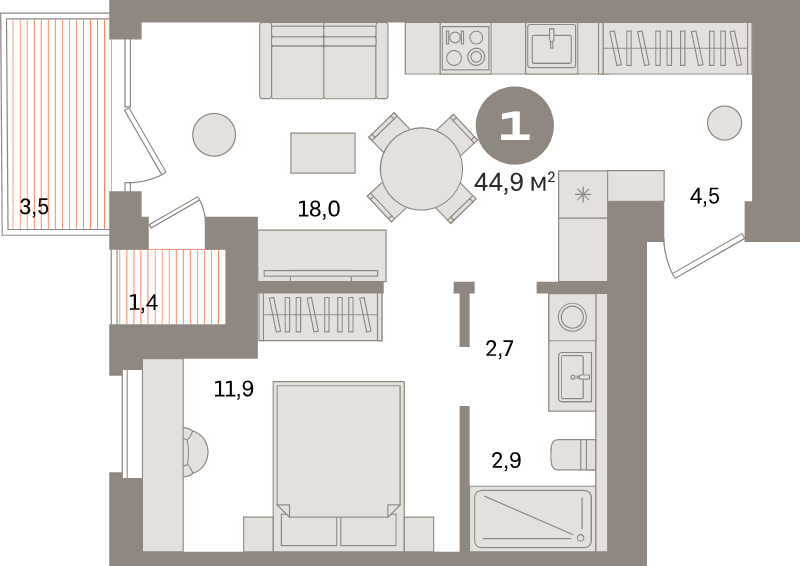 2-комнатная (Евро) квартира, 44.6 м² в ЖК "Северный ветер" - планировка, фото №1