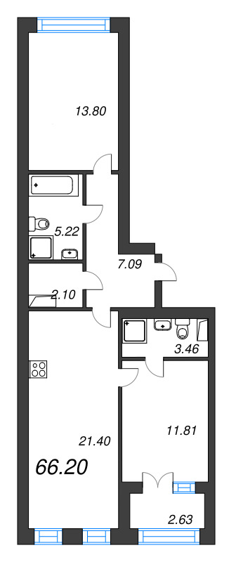 2-комнатная квартира, 66.2 м² - планировка, фото №1