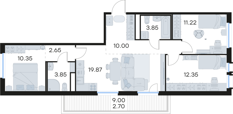 4-комнатная (Евро) квартира, 76.84 м² в ЖК "GloraX Парголово" - планировка, фото №1