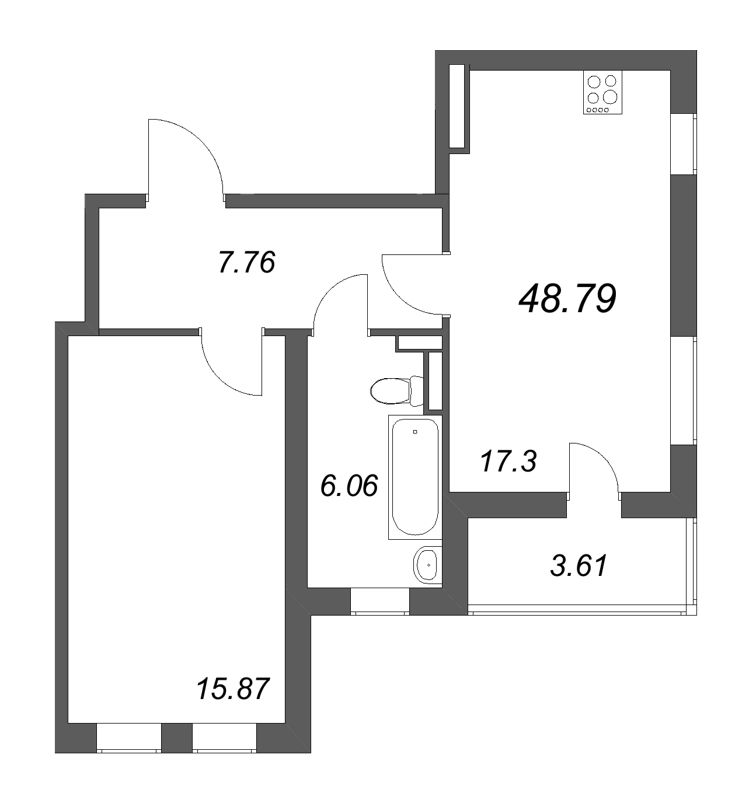2-комнатная (Евро) квартира, 48.79 м² в ЖК "Новая история" - планировка, фото №1