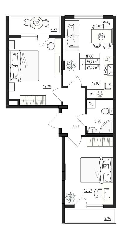 3-комнатная (Евро) квартира, 57.07 м² - планировка, фото №1