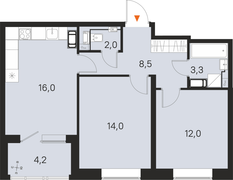 3-комнатная (Евро) квартира, 55.8 м² в ЖК "М36" - планировка, фото №1