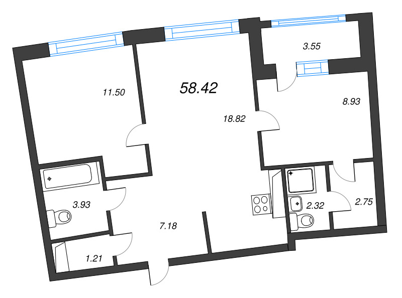 3-комнатная (Евро) квартира, 58.42 м² в ЖК "Аквилон Riva" - планировка, фото №1