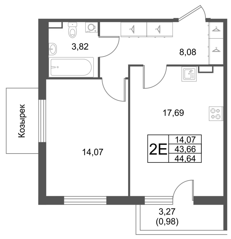 2-комнатная (Евро) квартира, 44.64 м² в ЖК "Лето" - планировка, фото №1