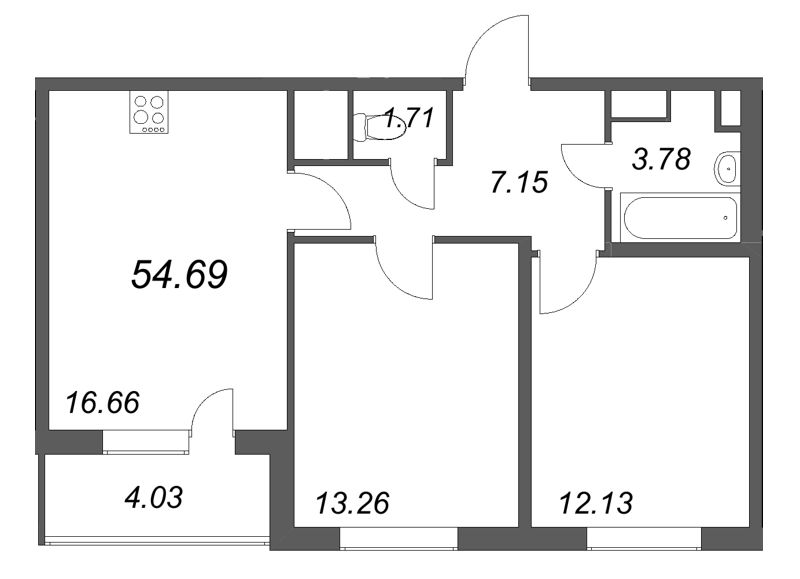 3-комнатная (Евро) квартира, 54.69 м² в ЖК "ЮгТаун" - планировка, фото №1