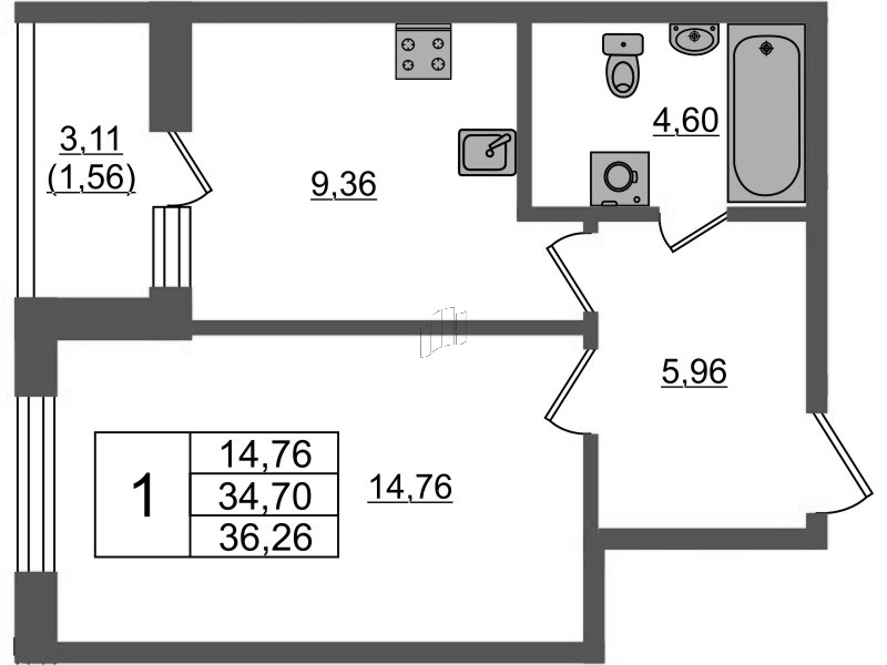1-комнатная квартира, 36.08 м² в ЖК "Аквилон Янино" - планировка, фото №1