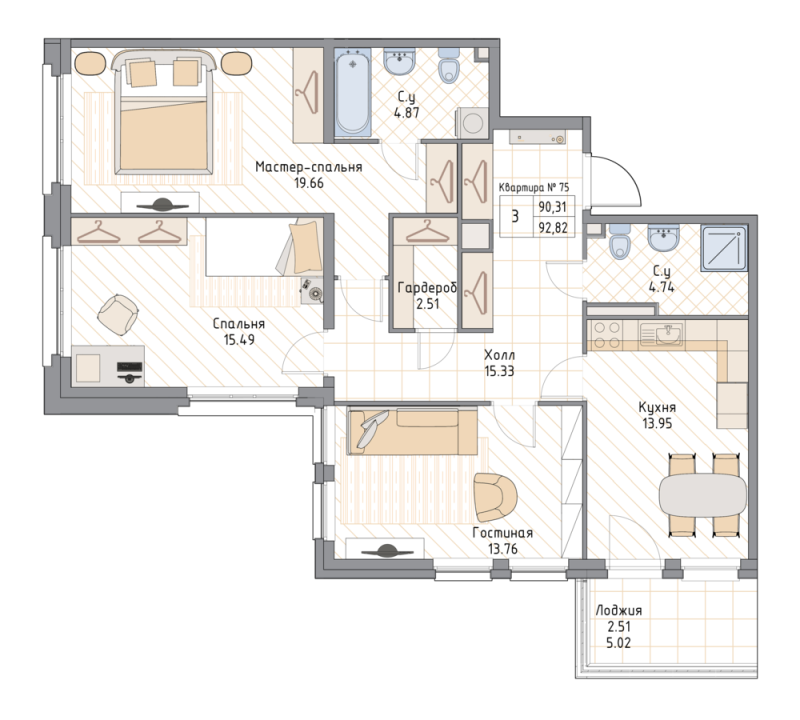 4-комнатная (Евро) квартира, 92.82 м² в ЖК "Квадрия" - планировка, фото №1