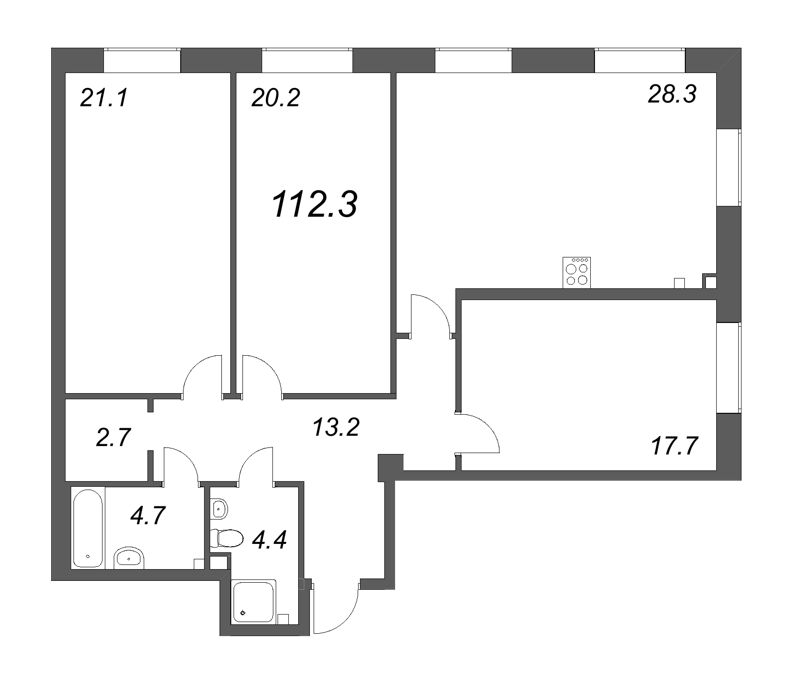 4-комнатная (Евро) квартира, 113.2 м² - планировка, фото №1