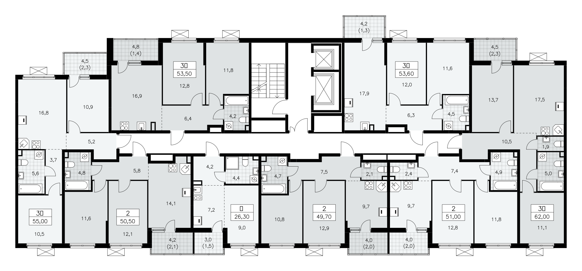 3-комнатная (Евро) квартира, 53.5 м² - планировка этажа
