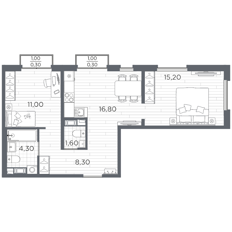 3-комнатная (Евро) квартира, 58.8 м² в ЖК "Плюс Пулковский" - планировка, фото №1