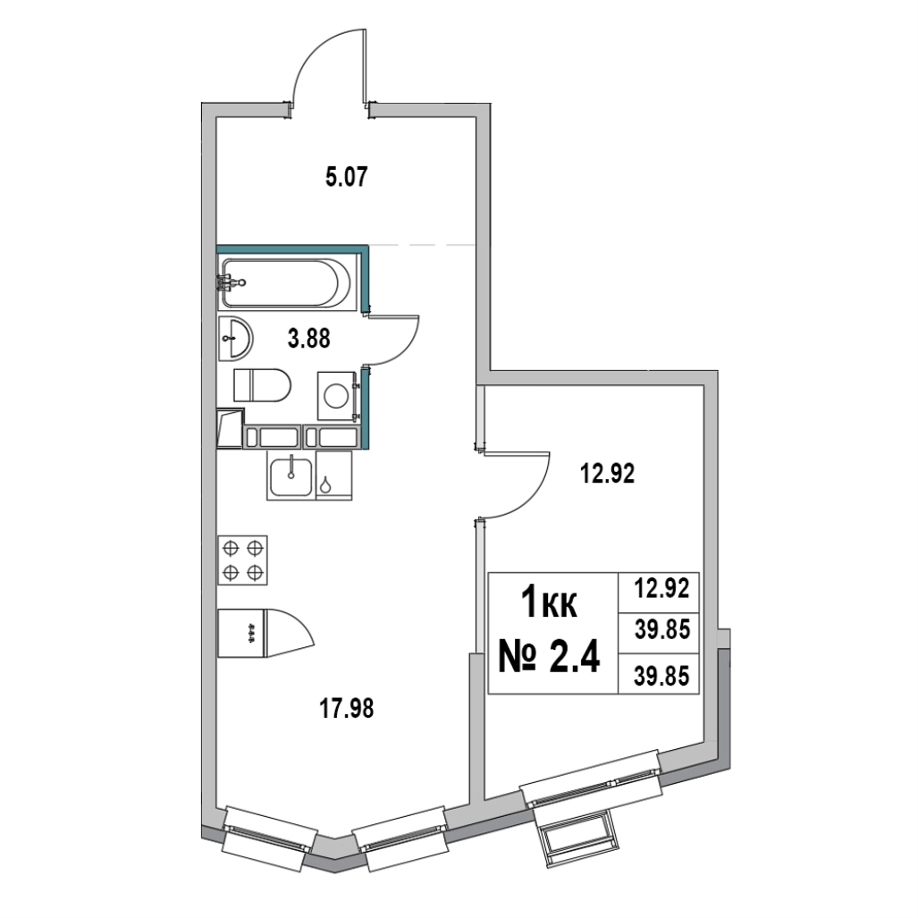 2-комнатная (Евро) квартира, 39.85 м² в ЖК "Новый Город" - планировка, фото №1