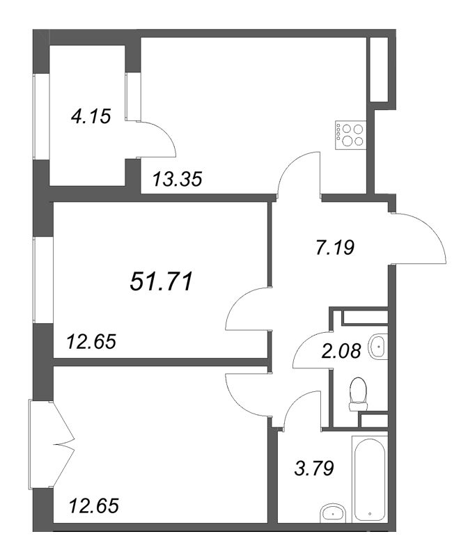 2-комнатная квартира, 51.71 м² в ЖК "Дубровский" - планировка, фото №1